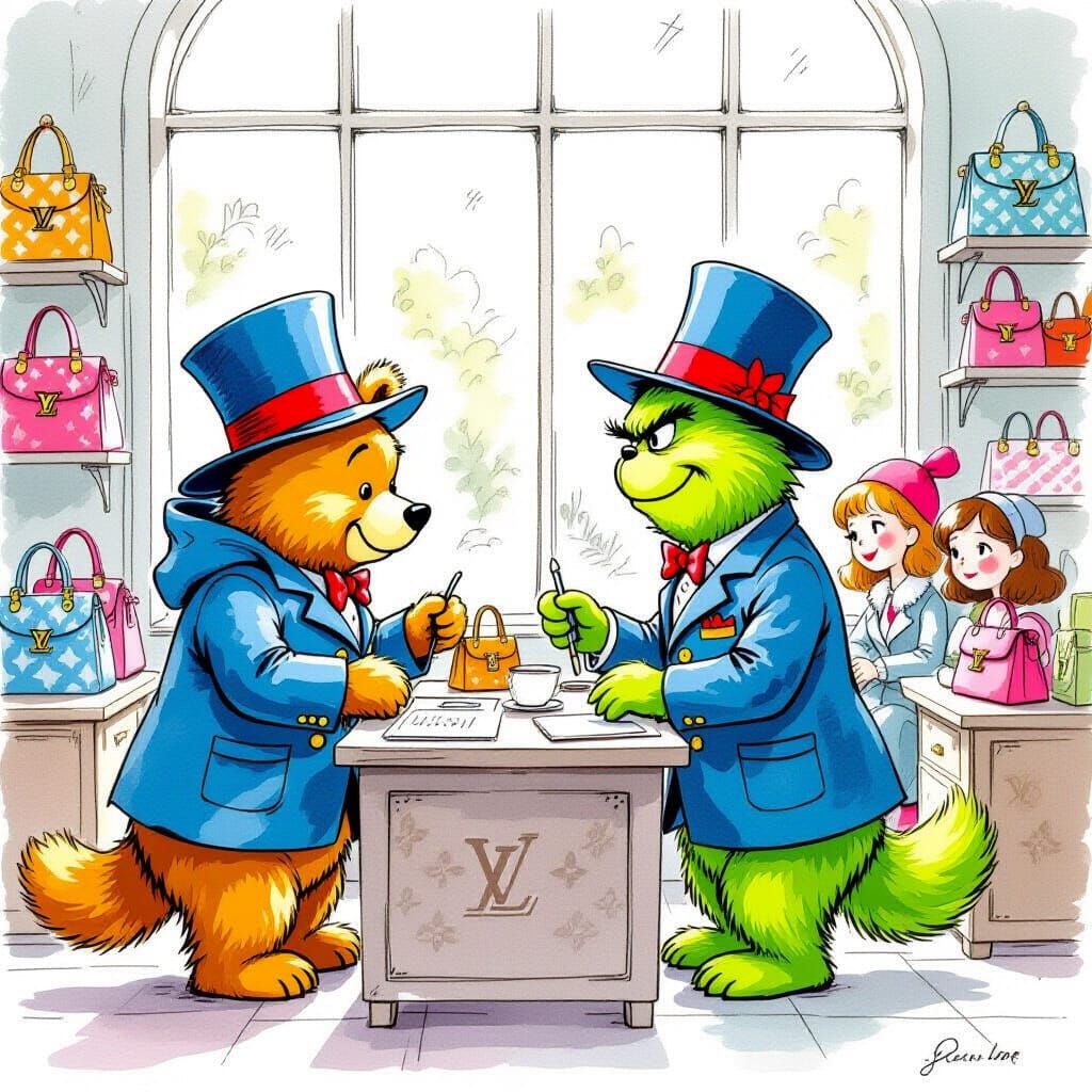 Paddington and Grinch Work at Louis Vuitton, Pastel Drawing