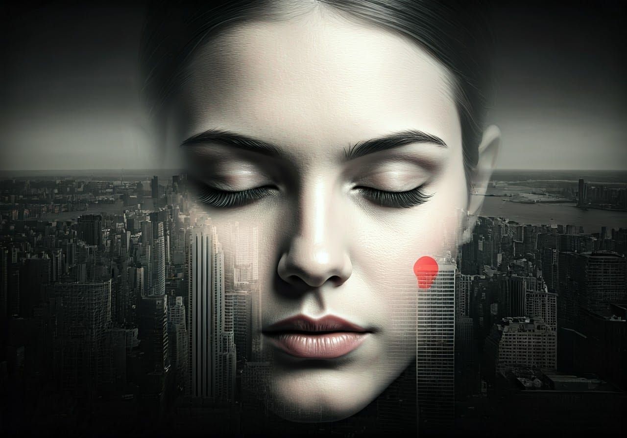 Surreal Portrait: Woman Merged with Urban Cityscape