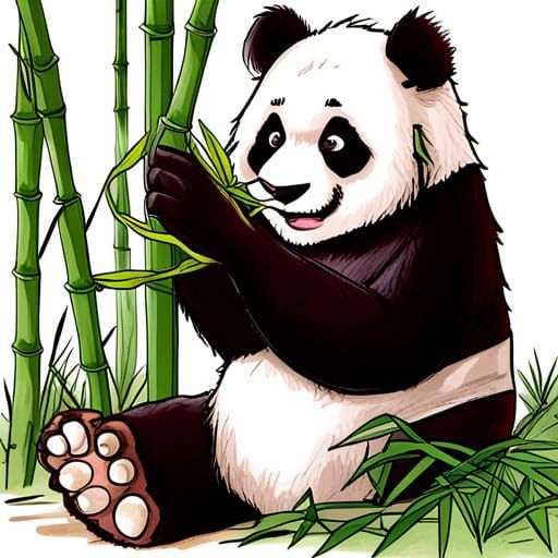 Giant Panda Bear Eats Bamboo in Anime Style