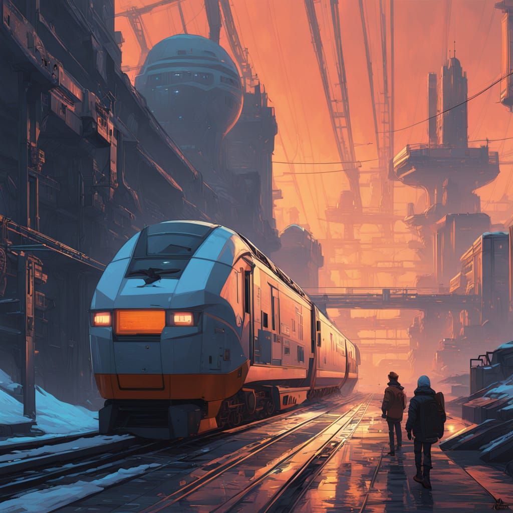 Ethereal Frostpunk Train Station in Neon Hues