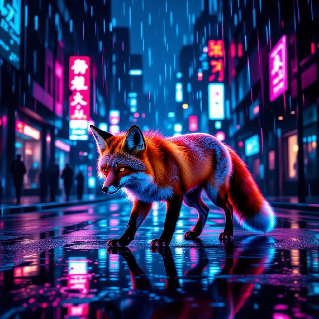 Cyberpunk Fox in Neon City Street