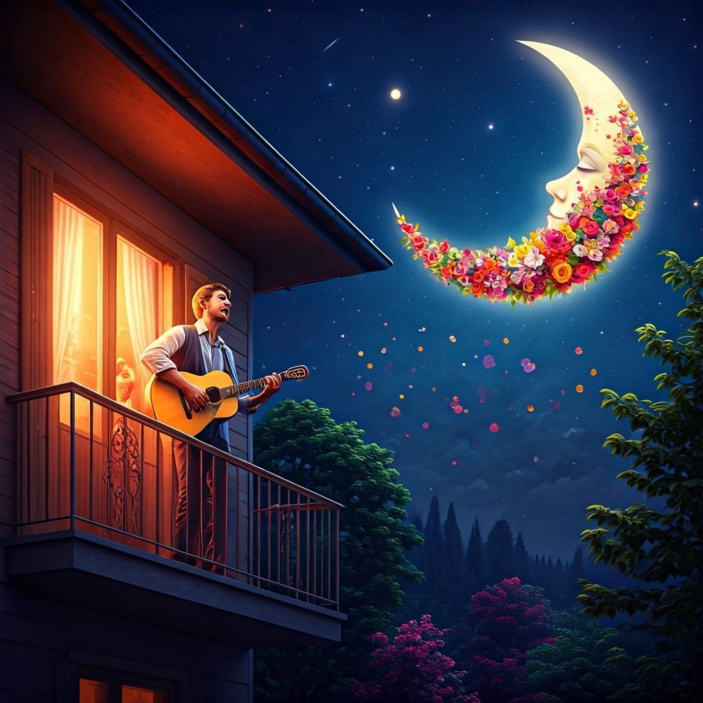 Romantic Night Serenade Under Floral Crescent Moon