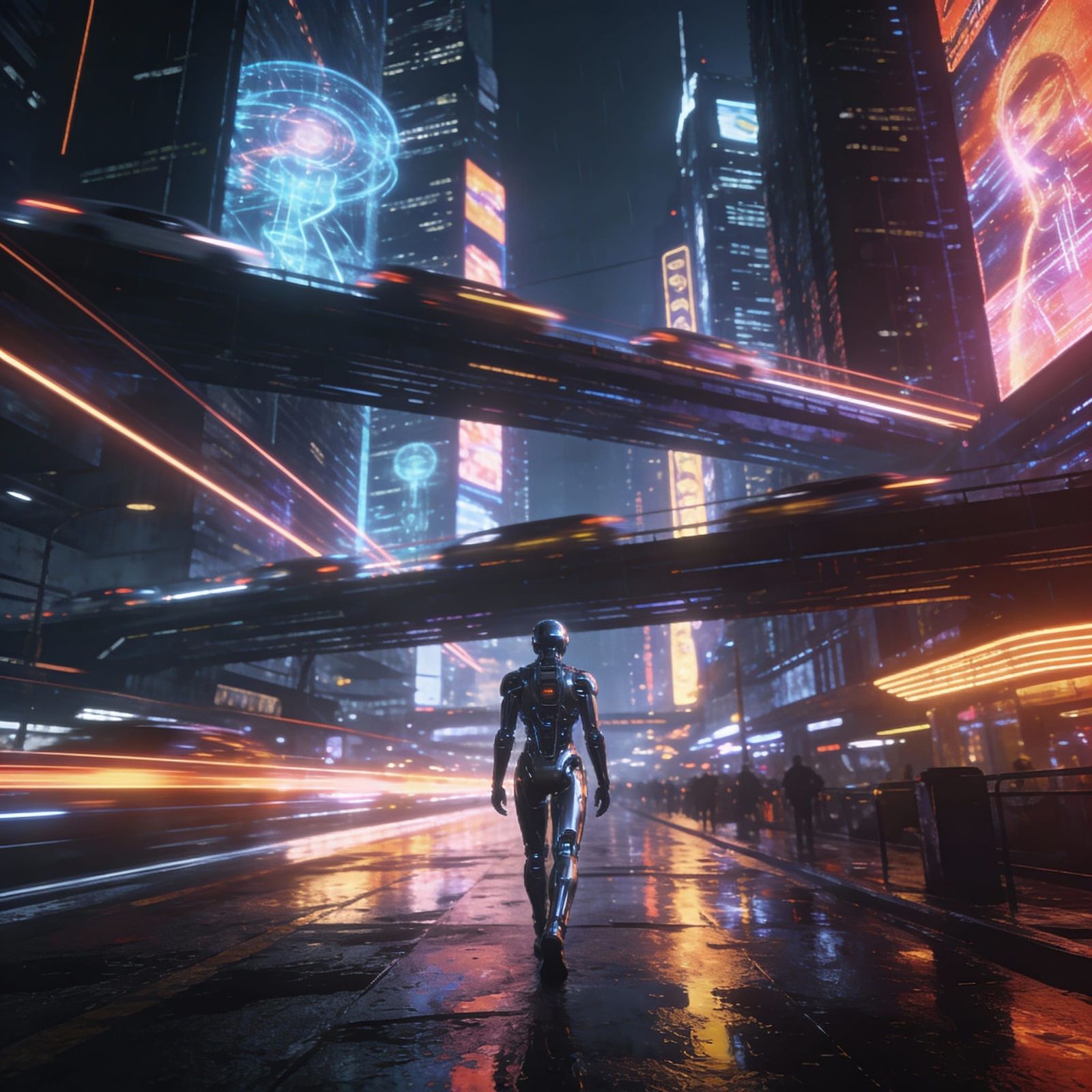 Android in Futuristic Neon Cityscape at Night