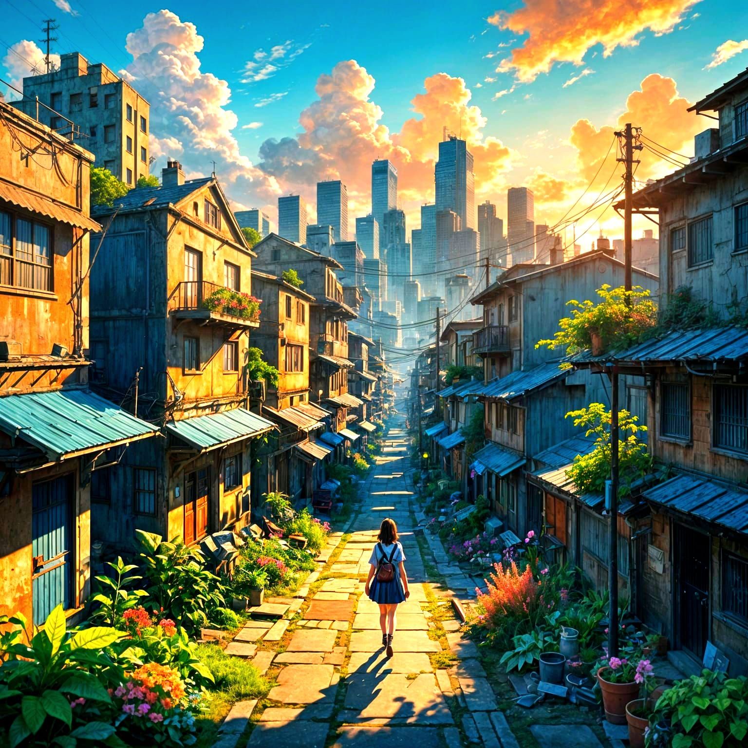 highschoolgirl silhouette walking through a fantasy skyscraper slums in a rural  city neighborhood with squatter houses,...