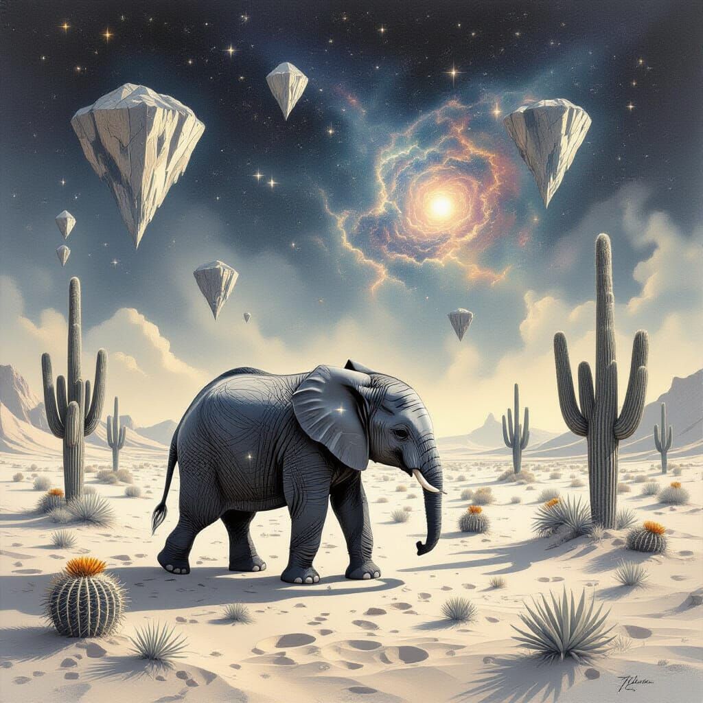 Constellation Elephant in Dreamlike Desert Landscape