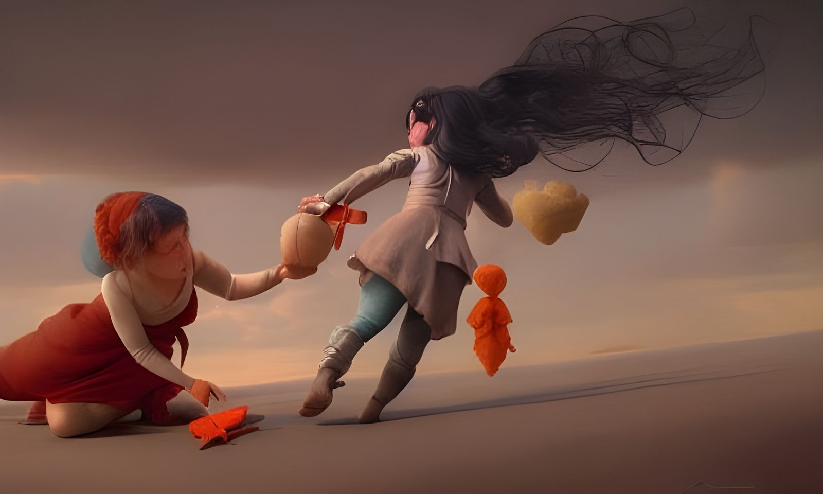 Women Fight Over Dolls, Cel-Shaded Art