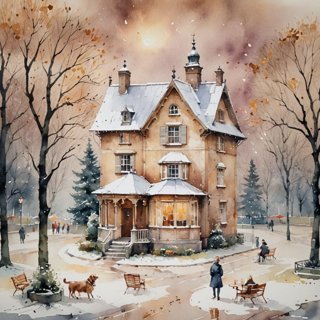 Cafe Rotunda in Autumn Park: Watercolor Impasto Painting