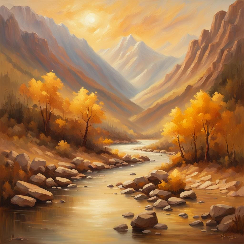 Impressionist River Landscape in Warm Light
