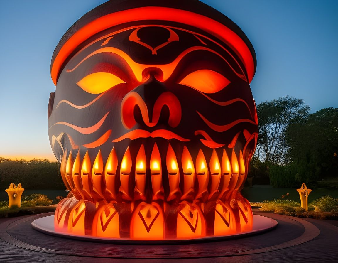 Jack-o'-lantern Maori Mask Fountain: Fantasycore Line Art