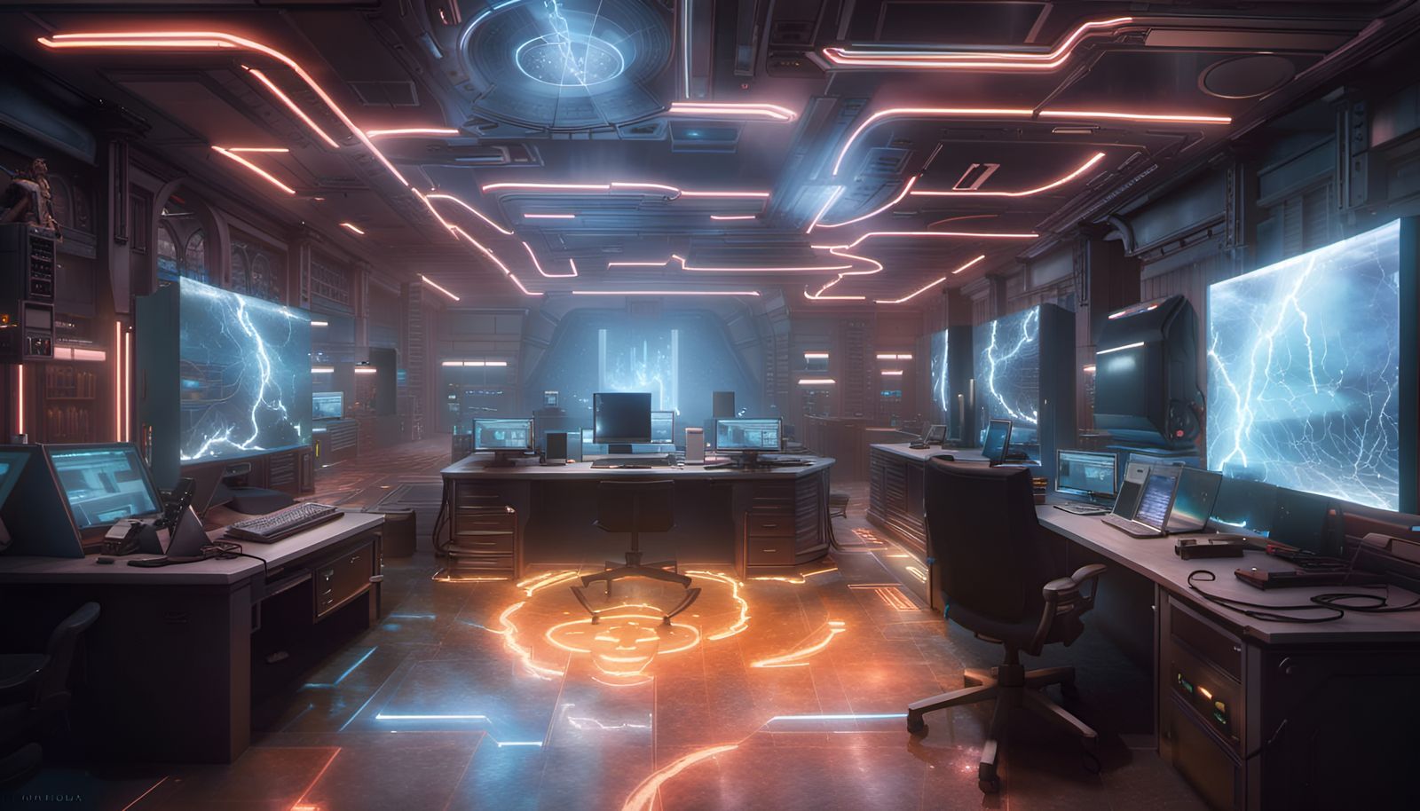 High tech computer room. God of thunder, "Futuristic metropolis hyperdetailed mist Thomas Kinkade trending on Artstation...