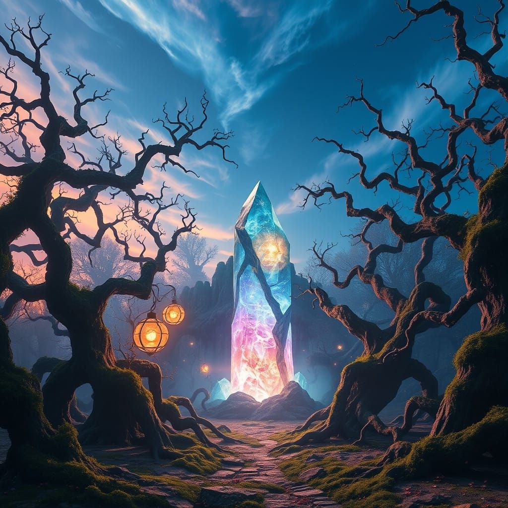 Enchanted Crystal Forest at Sunset