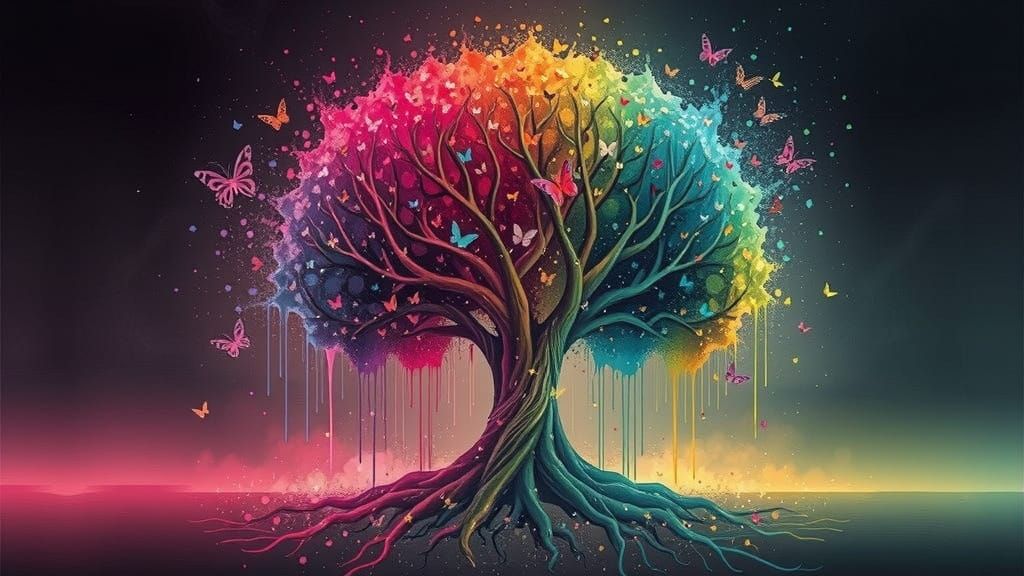 Rainbow Tree of Life in Mixed Media Style