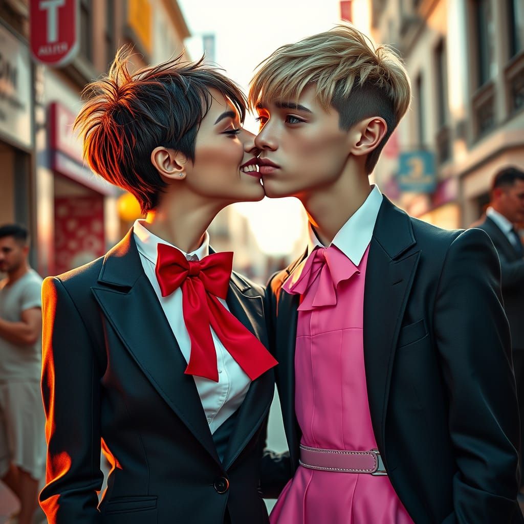 Elegant Crossdresser Couple in Vibrant Street Scene