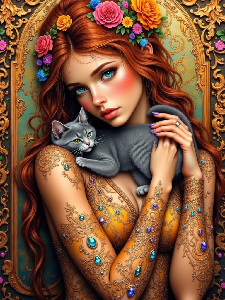 A woman with a grey cat