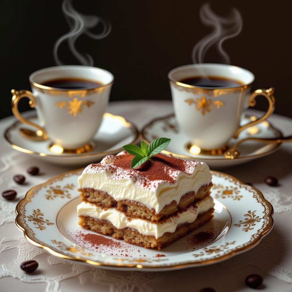 Tiramisu and Espresso Still Life, Hyperrealistic Digital Art