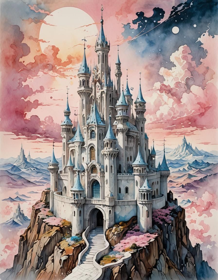 White Castle on Mountain in Dali-Inspired Watercolor