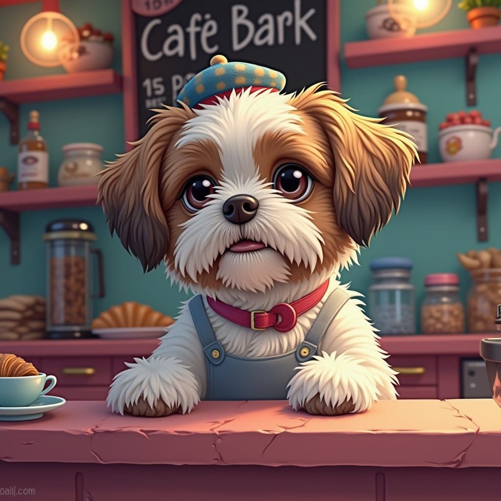 French Cafe Scene with Stylish Shih Tzu in a Beret