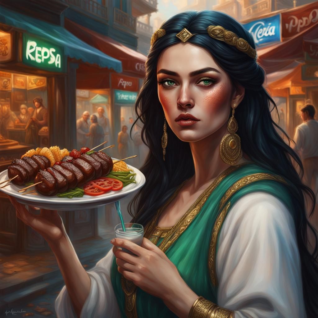 Hellenic Princess with Kebabs: Splash Art Portrait