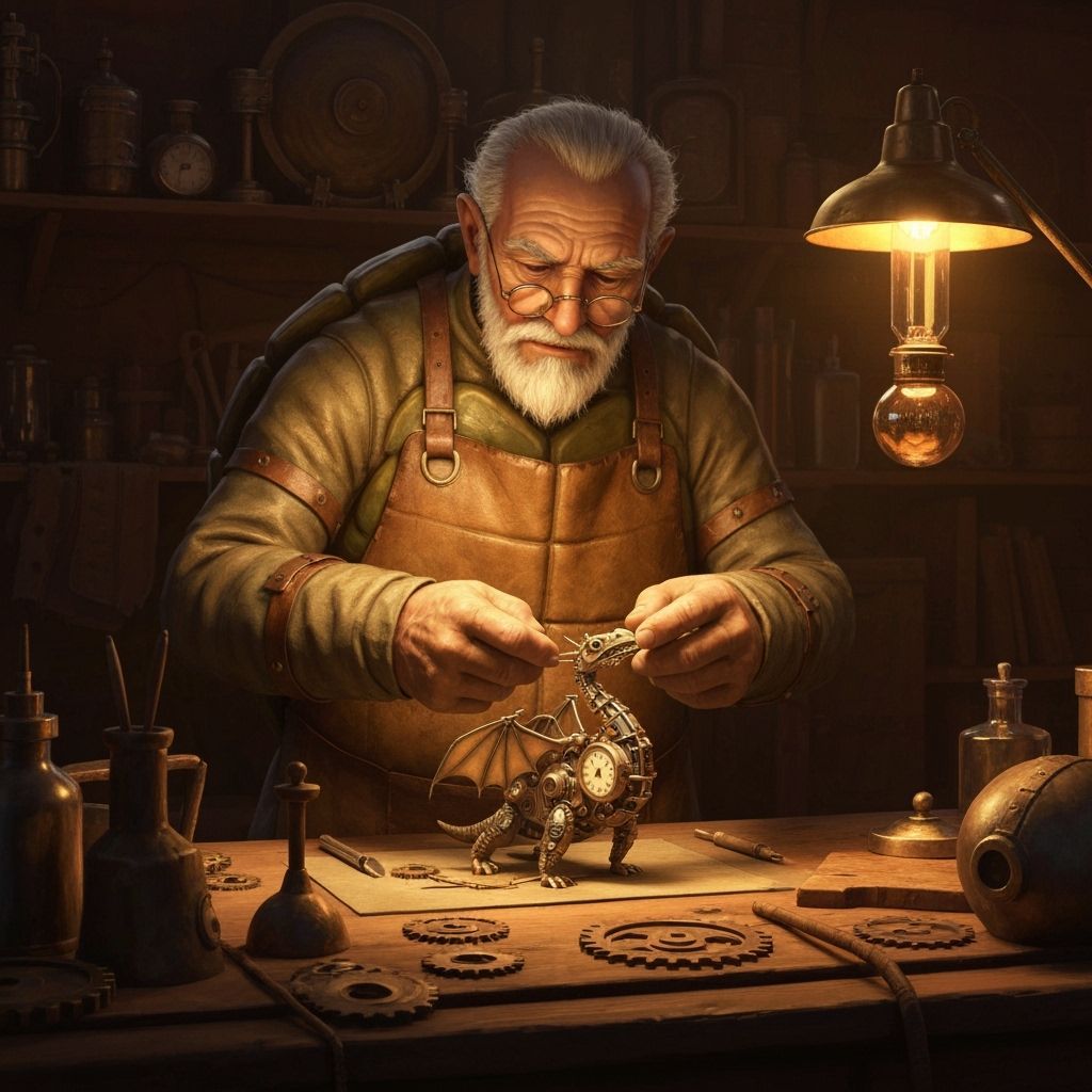 Steampunk Turtle Tinkerer Assembling Clockwork Dragon