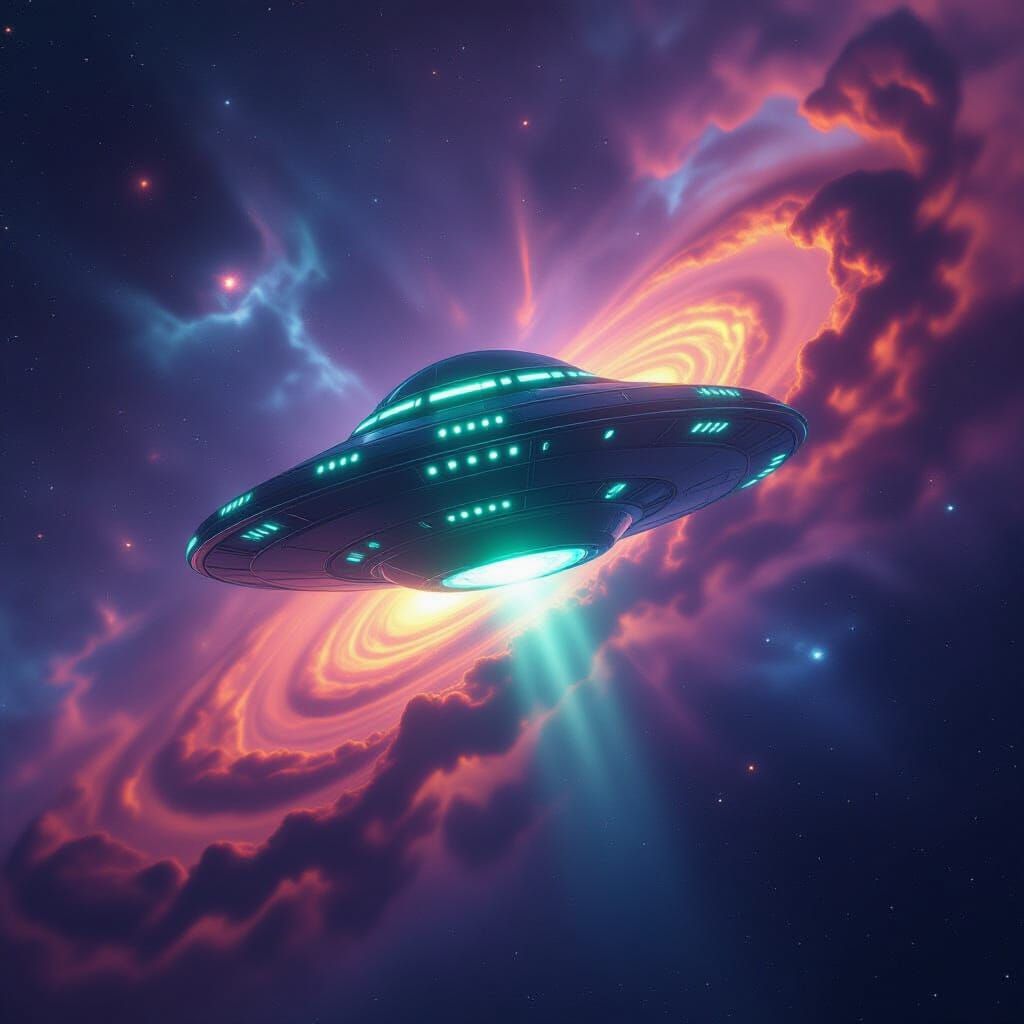 Alien UFO Descends into Vibrant Cosmic Nebula
