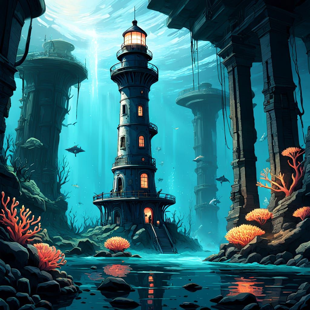 Futuristic Lighthouse Guiding Submersibles Through Sunken Ci...