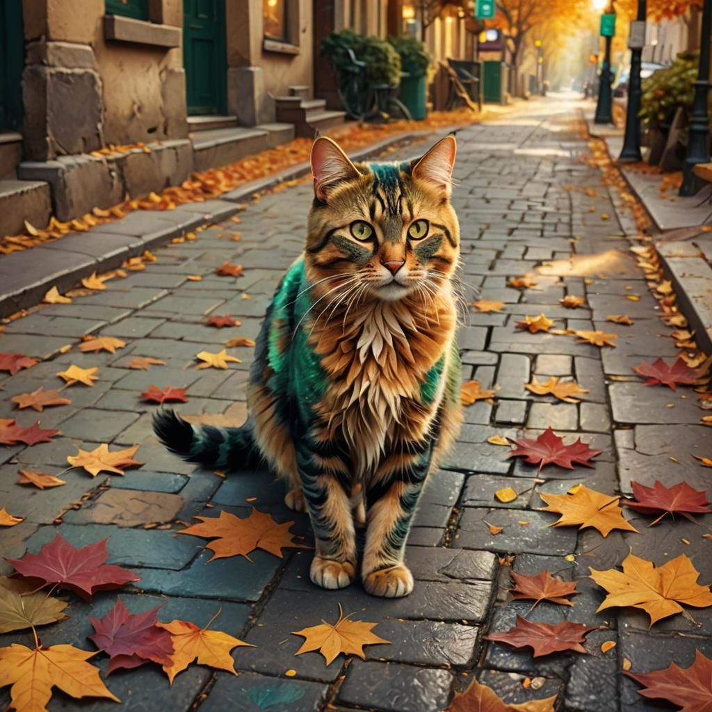 Cat Walking on Autumn Leaves: Whimsical Matte Painting