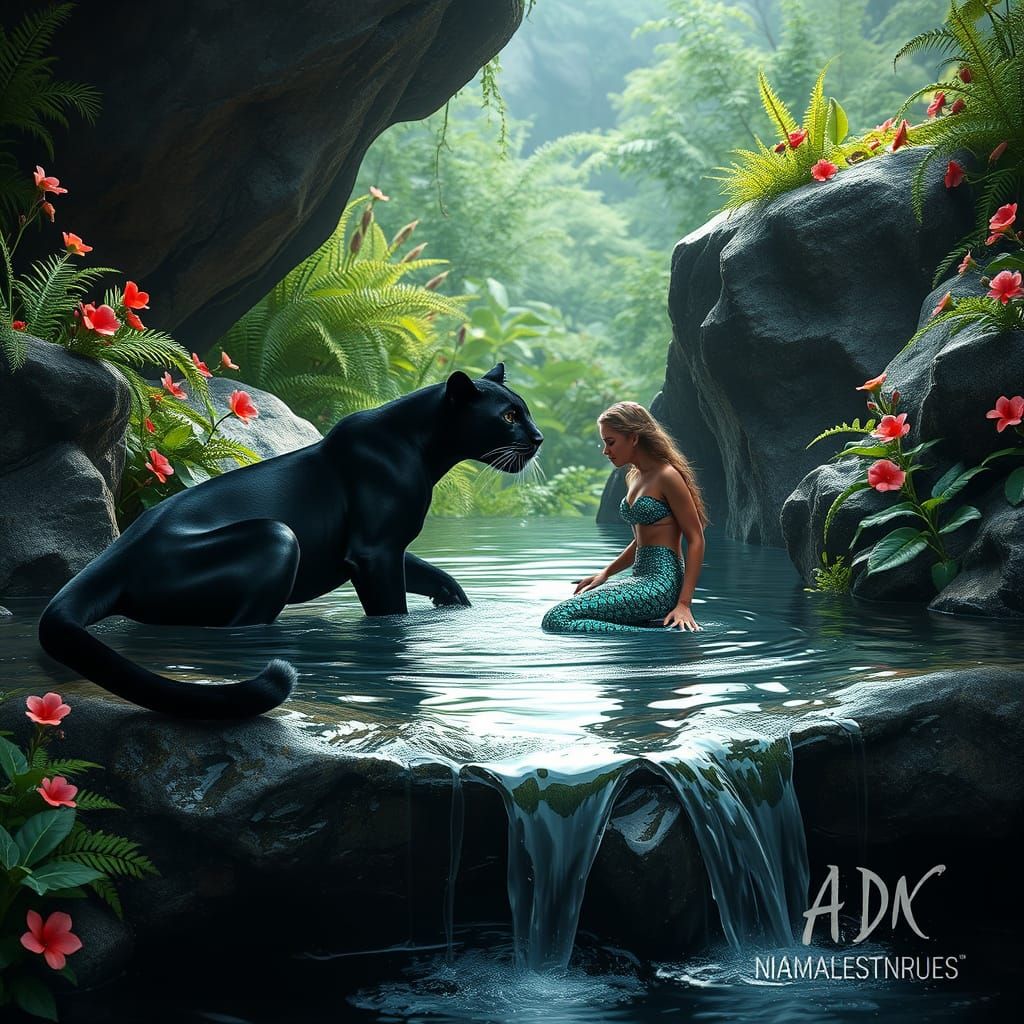 Black Panther and Mermaid Friends in Rock Pool