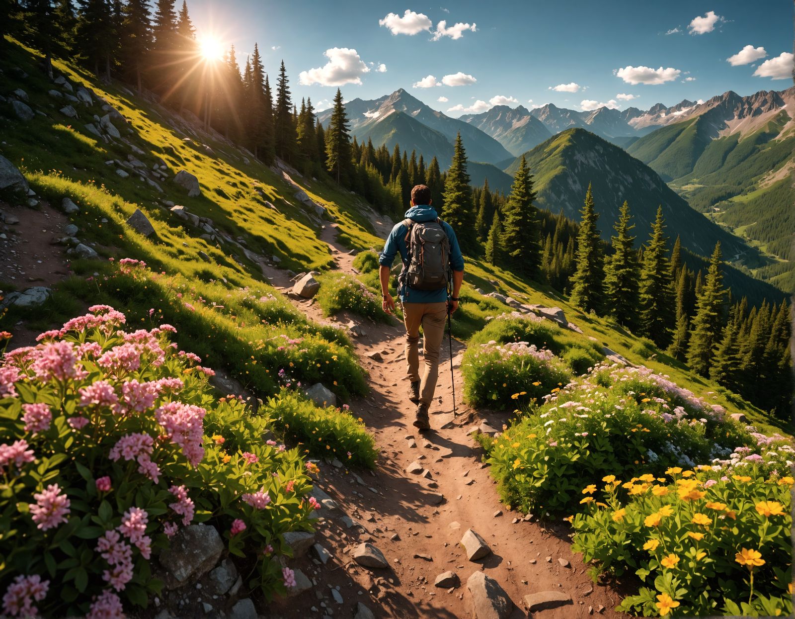 Hiker on Mountain Trail in Hyperrealistic Style