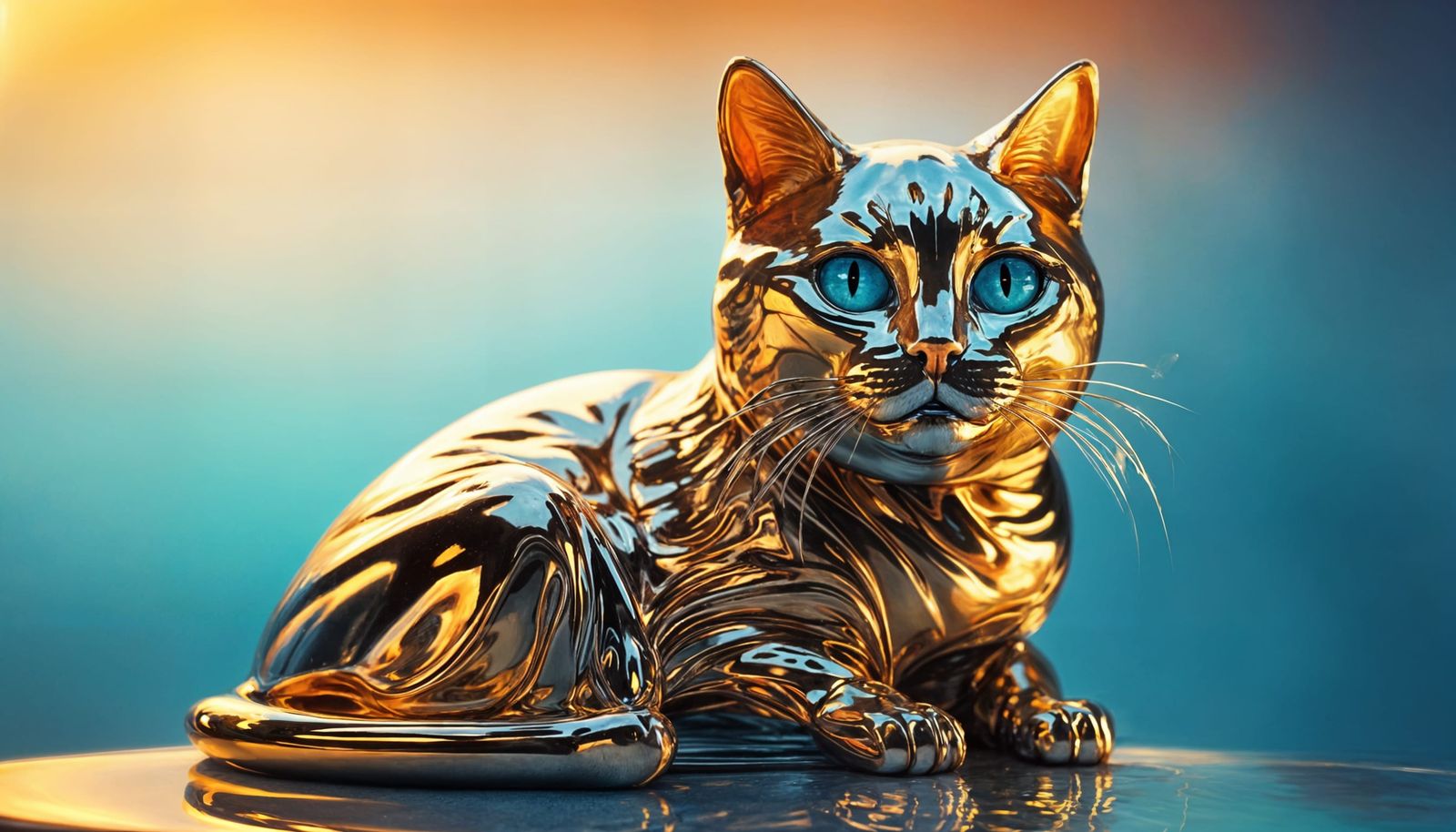 Chrome Cat Watching Sunset Over Ocean