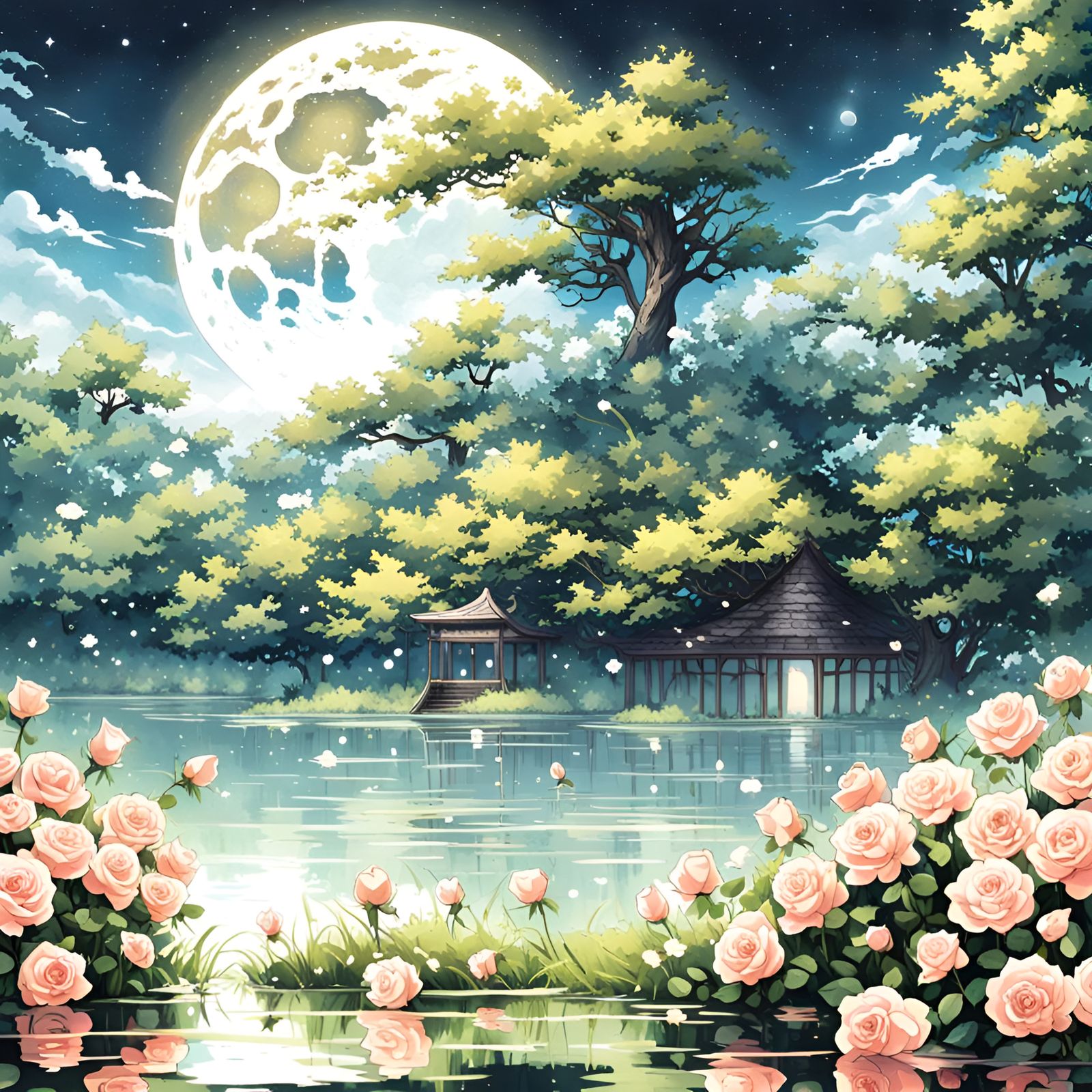 Lake of Tears in Anime Style with Roses