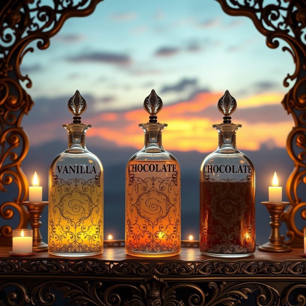 Golden Apothecary Perfume Bottles in a Mystical, Dreamlike L...