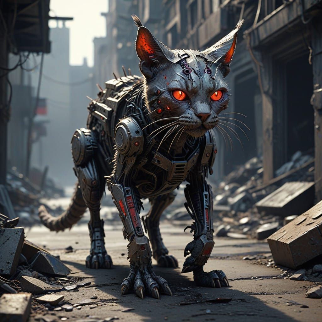 Cyborg Zombie Cat in Dark Post-Apocalyptic Ruins