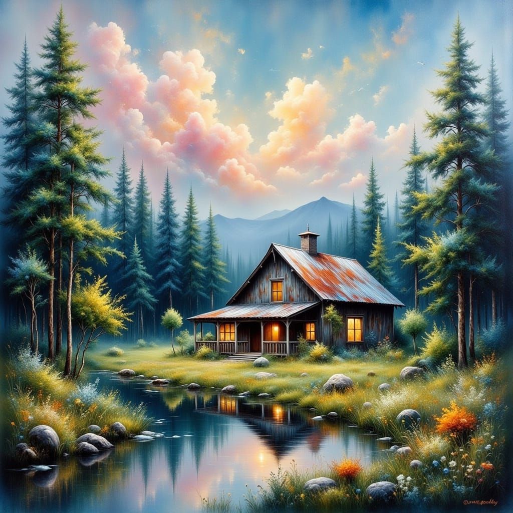 Rustic Cabin in Enchanted Forest Pond Scene