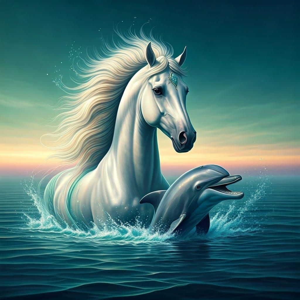 Horse and Dolphin Symbiosis in Dreamlike Ocean