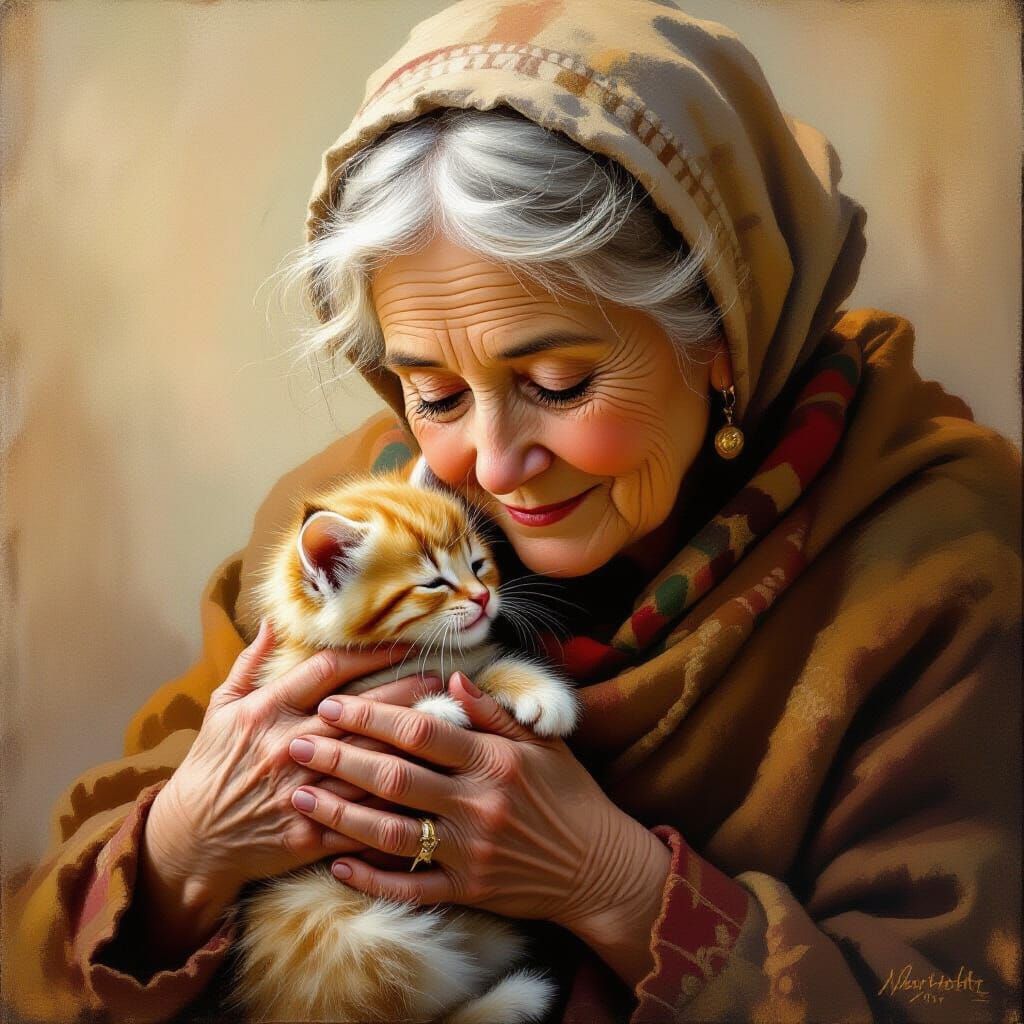 Tender Moment: Old Woman Cradles Kitten in Warm Light