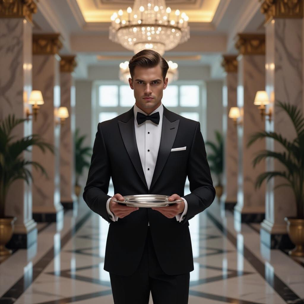 Cyborg Soldier in Tuxedo with Serving Tray