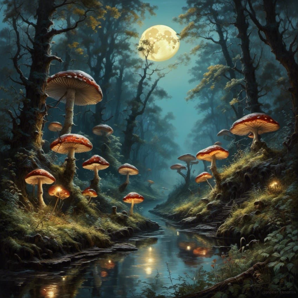 Vintage Mushroom Art in Oil Painting Style