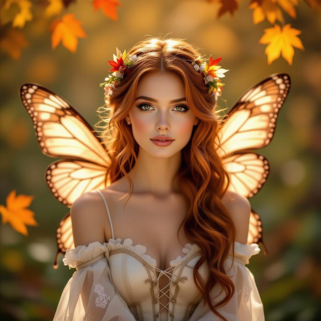 A serene fairy with long, flowing auburn hair and delicate b...