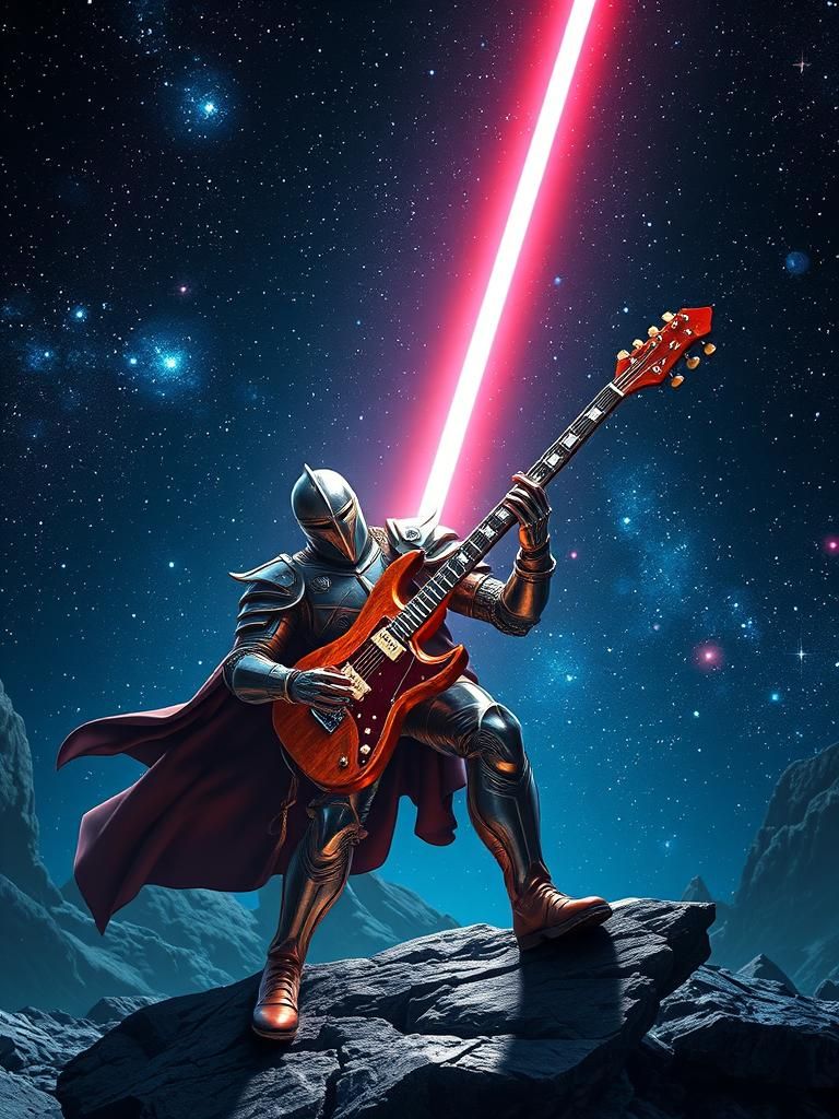 Space Knight with Guitar Near Quasar in Photorealistic Style
