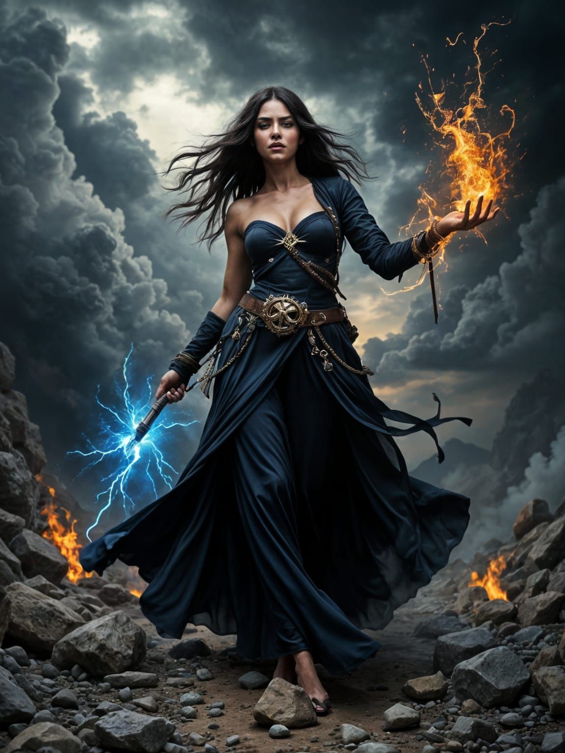 Fierce Chaos Mage Conjuring Storm, Dark Fantasy Illustration