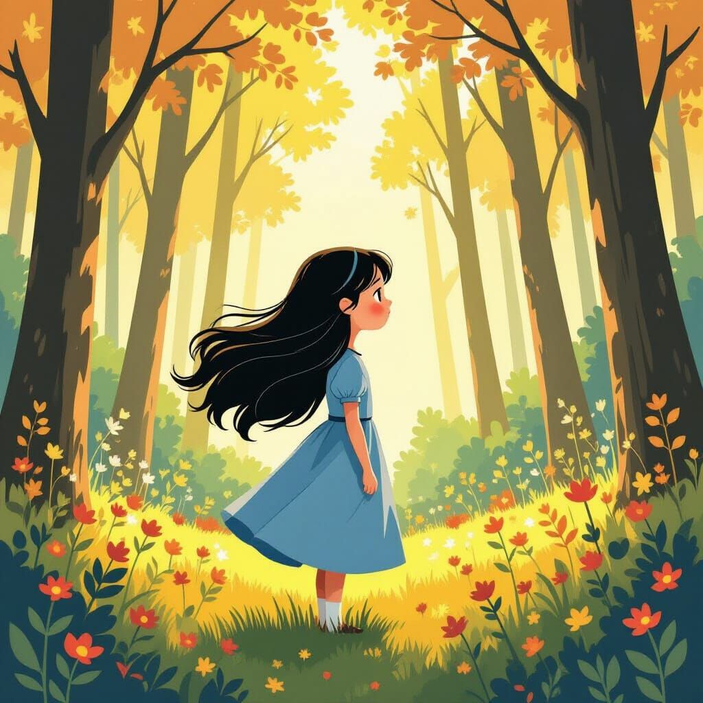 Girl in Blue Dress in Sunlit Forest Clearing
