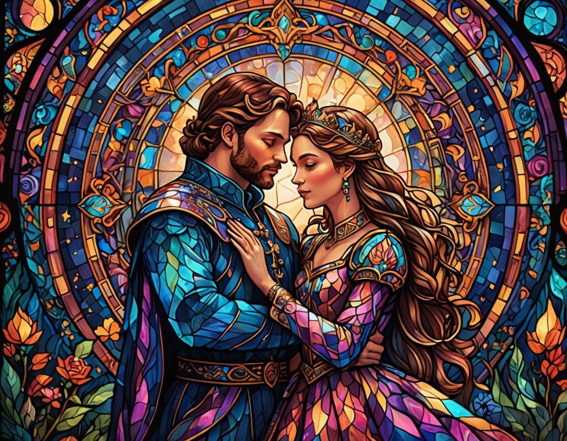 Prince and Princess Embrace in Stained Glass