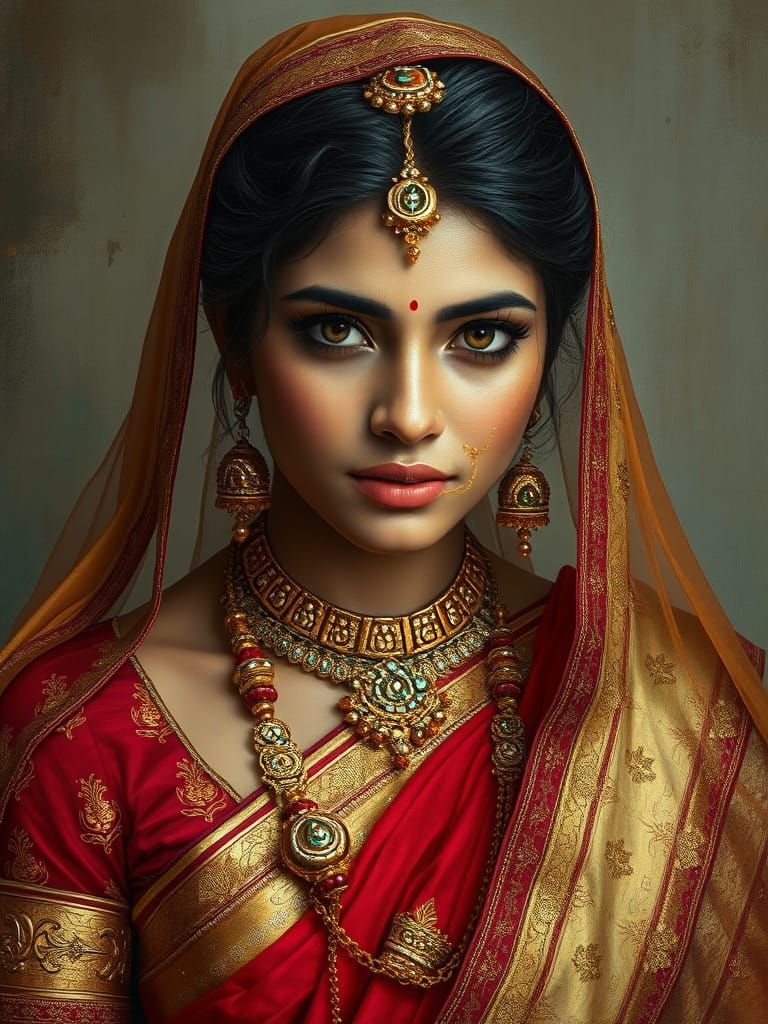 ultrarealistic photorealistic hyperreal beautiful elegant portrait of an Indian bride, in traditional Indian sari, true ...