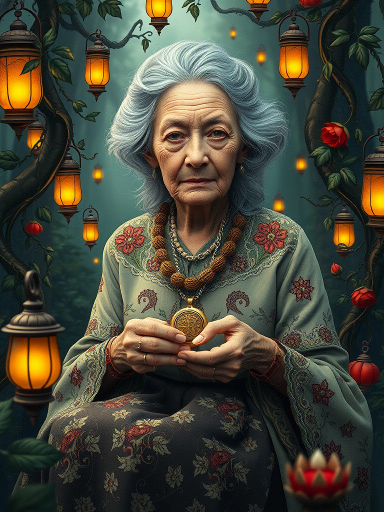 Elderly Woman in Mystical Forest with Golden Locket
