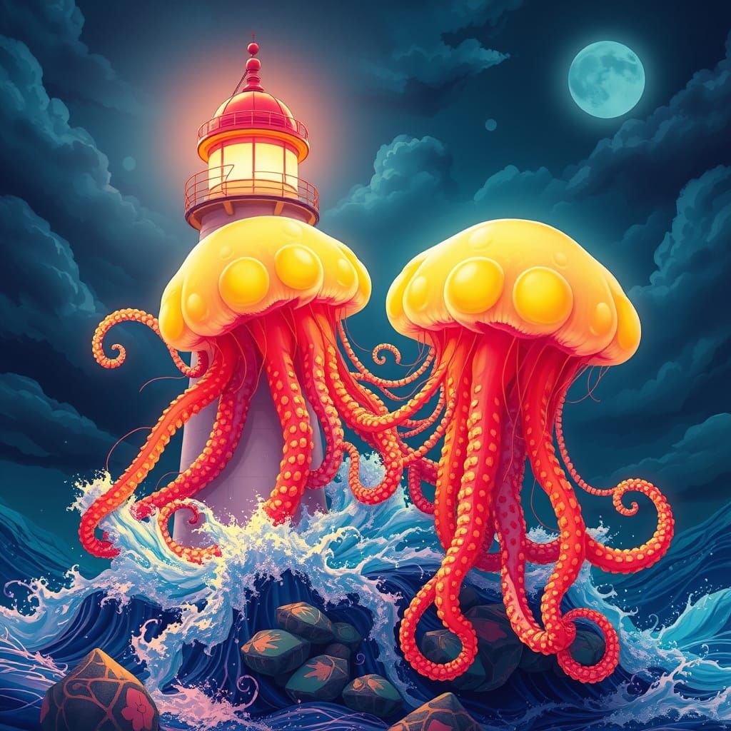 Glowing Alien Jellyfish Hugging Lighthouse in Candy Art