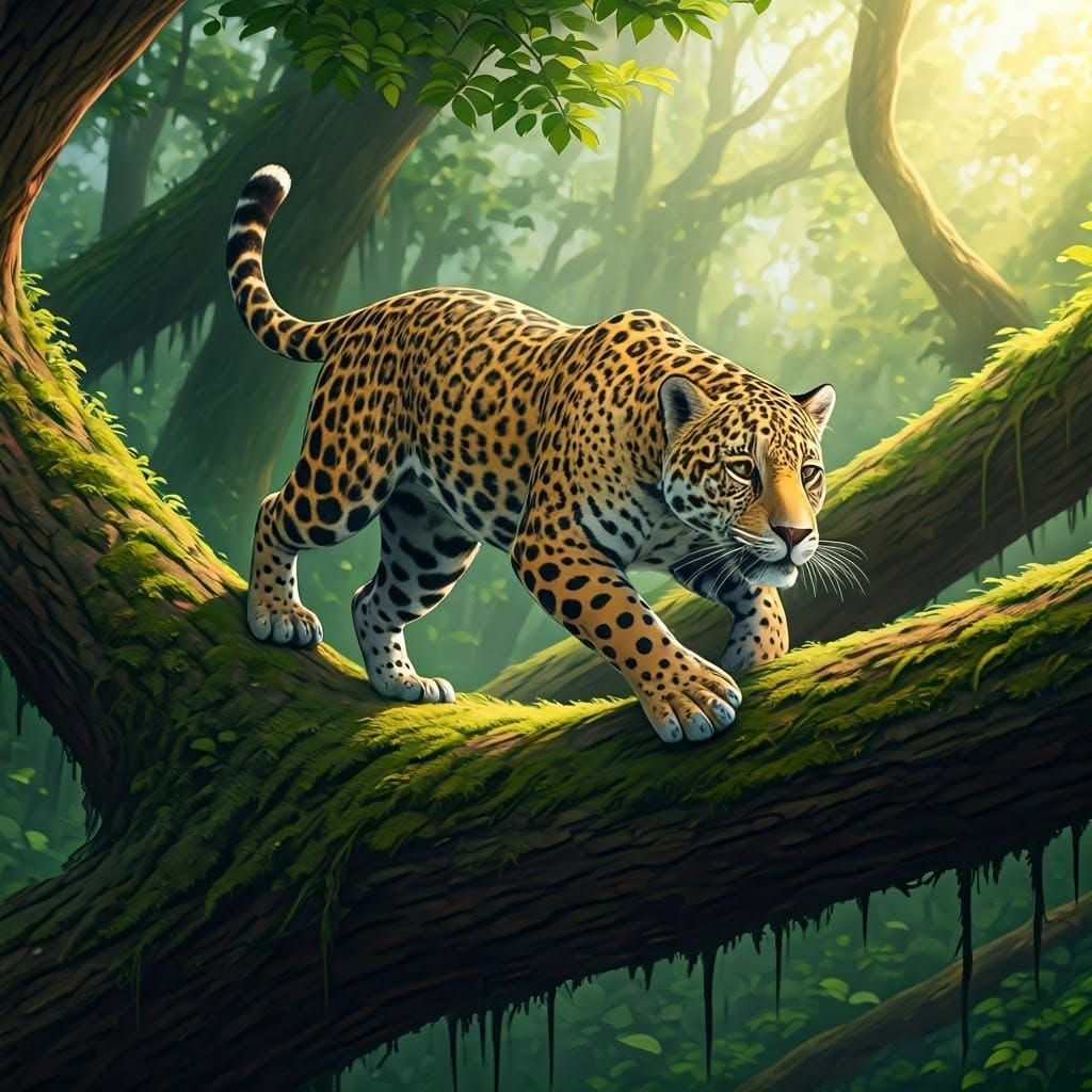 Manga-Style Jaguar Leaps Over Branch in Forest