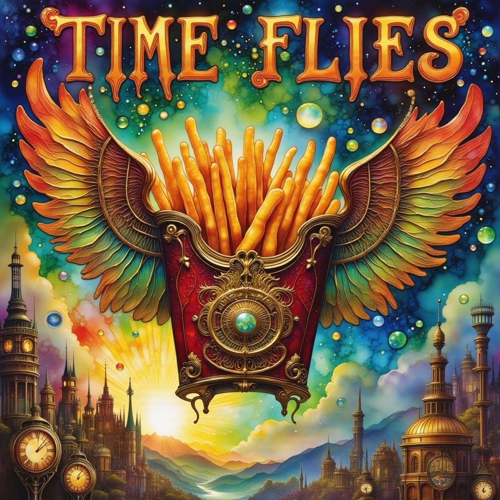 Flying Fries Steampunk Timescape in Retro Style