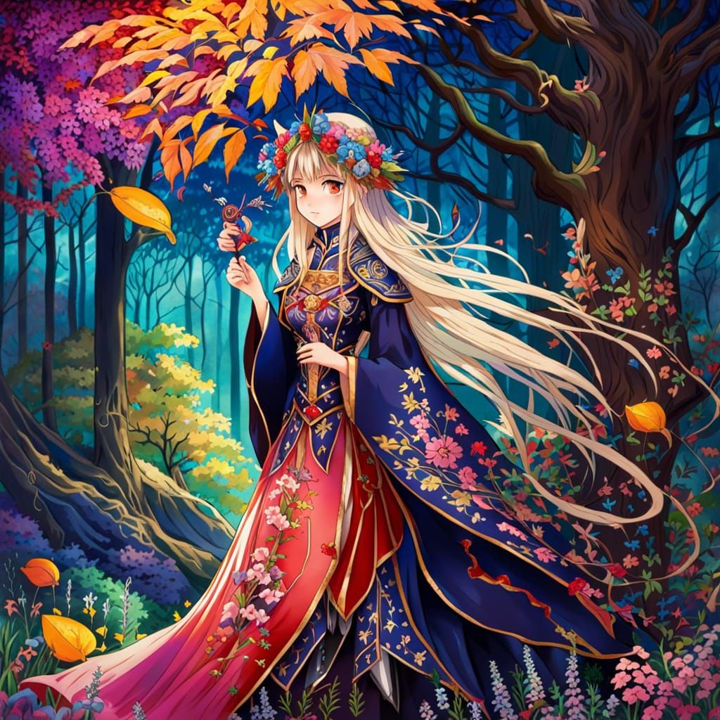 Anime Witch in Enchanted Autumn-Spring Forest