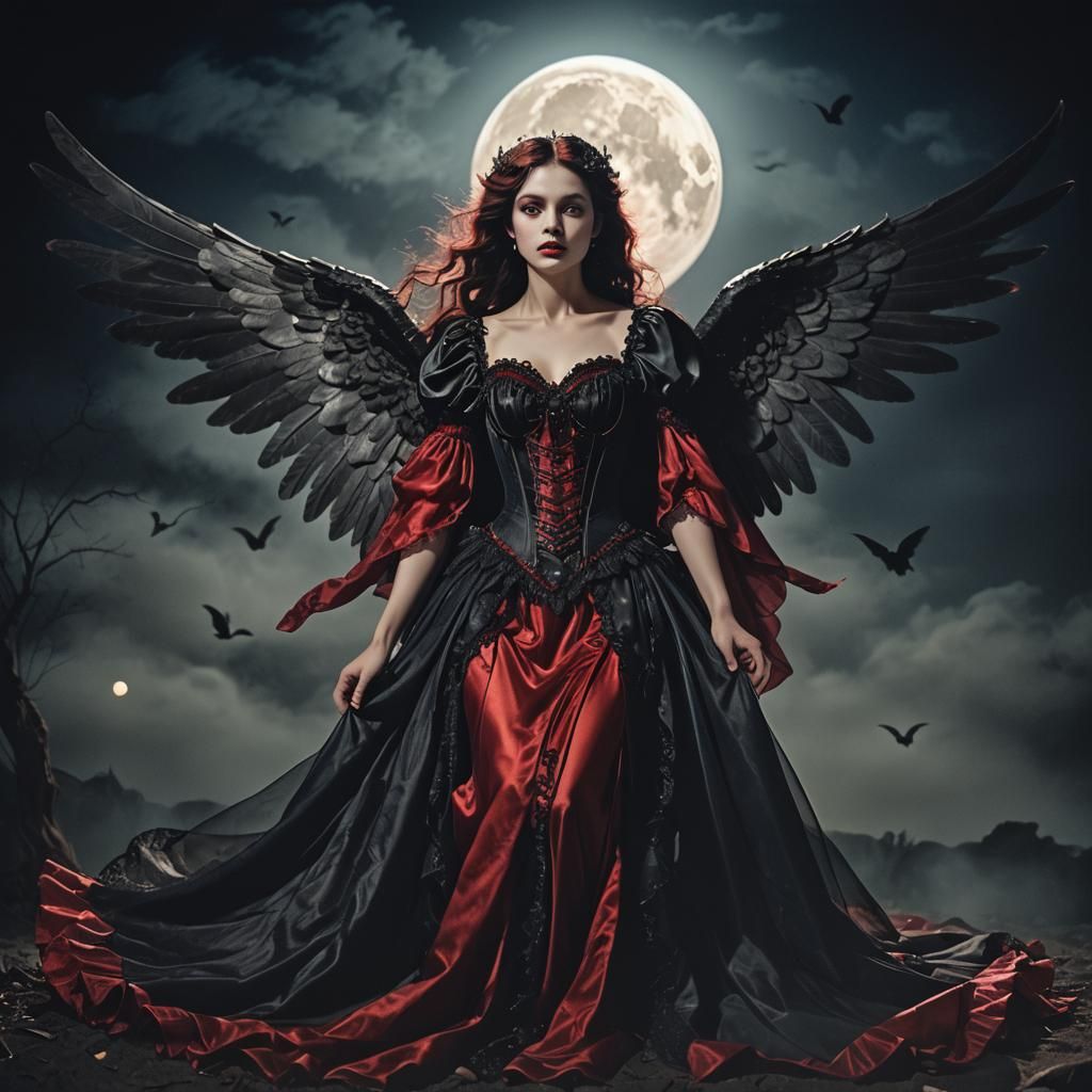 Fallen Angel in Crimson Nightgown, Cinematic Style