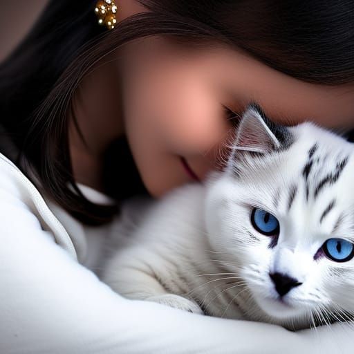 Woman Cuddles Sleepy White Kitten